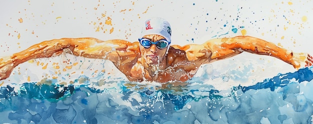 A watercolor painting of a swimmer breaking through the water39s surface their arms outstretched in victory