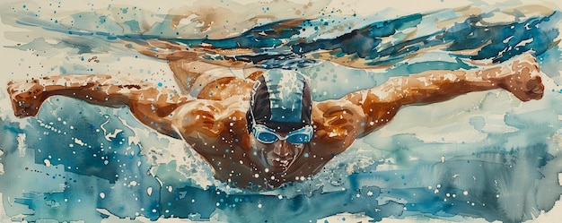 A watercolor painting of a swimmer breaking through the water39s surface their arms outstretched in victory