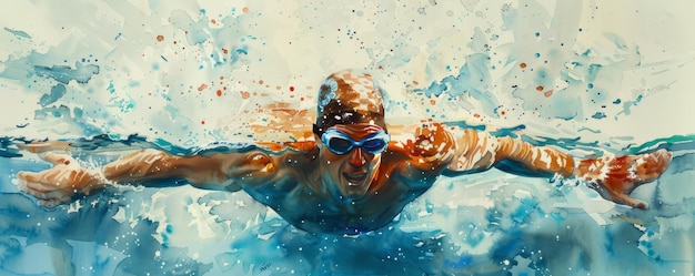 A watercolor painting of a swimmer breaking through the water39s surface their arms outstretched in victory