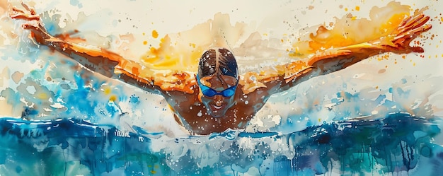 A watercolor painting of a swimmer breaking through the water39s surface their arms outstretched in victory