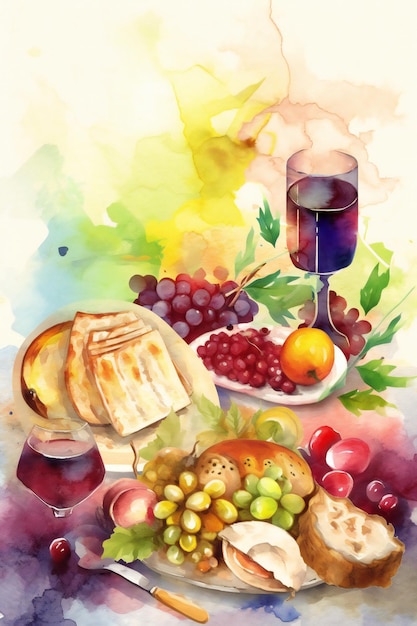 A watercolor painting of a table with food and wine.