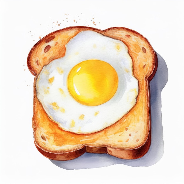 Photo watercolor painting of tasty bread slice with fried egg and cheese isolated on white tasty food