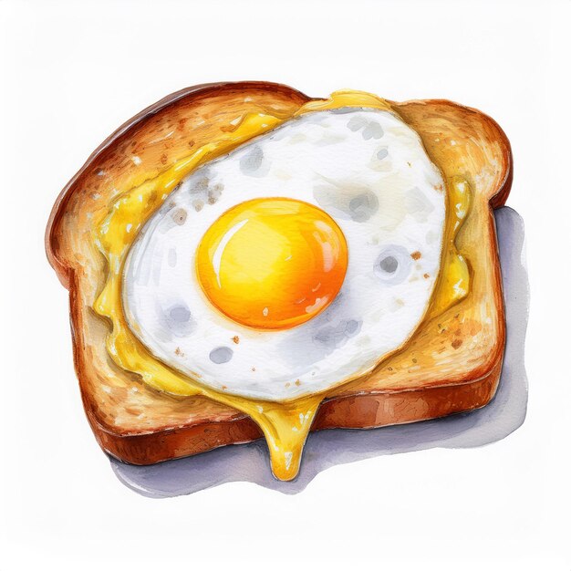 Photo watercolor painting of tasty bread slice with fried egg and cheese isolated on white tasty food