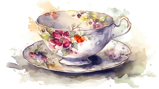 A watercolor painting of a teacup and saucer