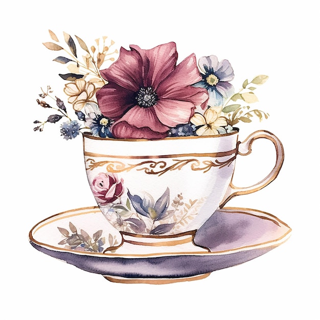 A watercolor painting of a teacup with flowers on it.