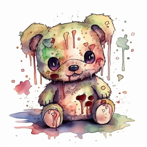 A watercolor painting of a teddy bear with blood dripping down its face.