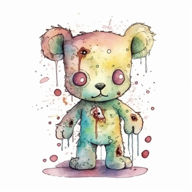 A watercolor painting of a teddy bear with a bloody face.