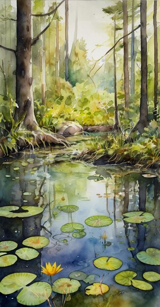 Watercolor painting A temporary vernal pool teeming with life as amphibians and insects take advanta