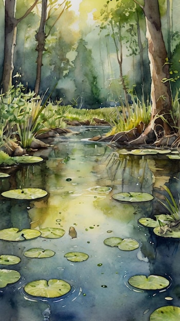 Watercolor painting A temporary vernal pool teeming with life as amphibians and insects take advanta