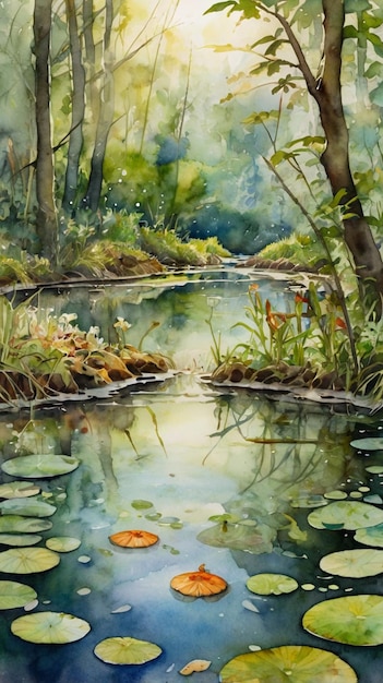 Watercolor painting A temporary vernal pool teeming with life as amphibians and insects take advanta