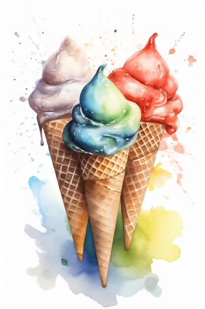 A watercolor painting of three ice cream cones with different flavors.