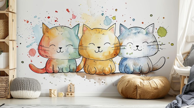 Watercolor Painting of Three Smiling Cats on a White Wall