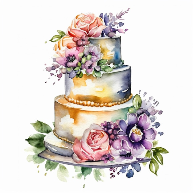 A watercolor painting of a three - tier cake with flowers