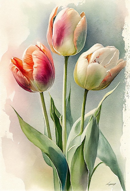 A watercolor painting of three tulips with the word tulips on the bottom.