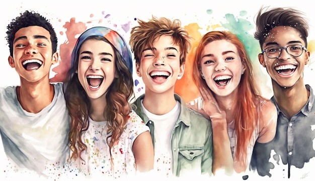 Watercolor painting of three young people with the words'happy faces '