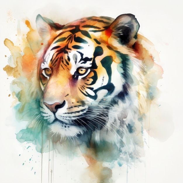 Watercolor painting of a tiger with beautiful natural forms with crisp clean shapes colorful on white background Generate Ai