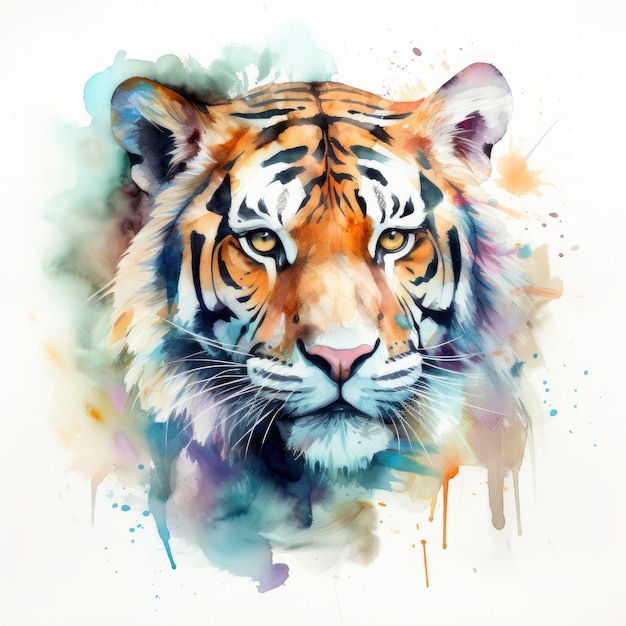 Watercolor painting of a tiger with beautiful natural forms with crisp clean shapes colorful on white background Generate Ai