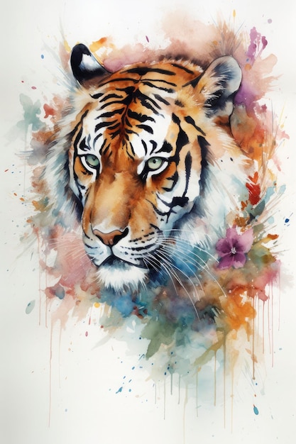 Watercolor painting of a tiger with beautiful natural forms with crisp clean shapes colorful on white background Generate Ai