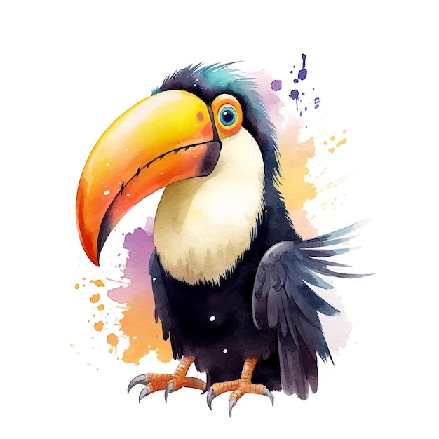 A watercolor painting of a toucan with a yellow beak.