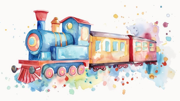 a watercolor painting of a train with a train in the background