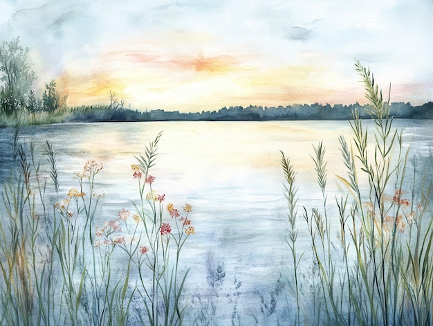 Watercolor Painting of a Tranquil Lake Sunset with Grass and Wildflowers