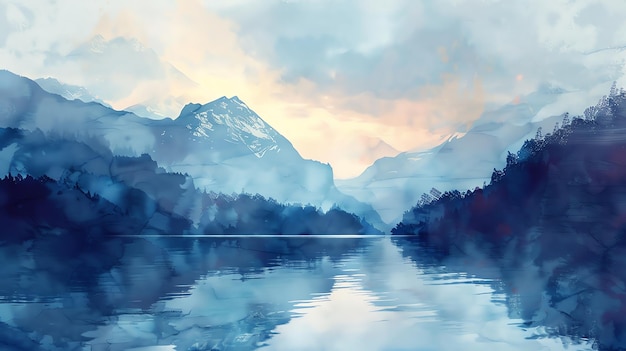 A watercolor painting of a tranquil lake surrounded by mountains and forest with a soft ethereal glow in the sky