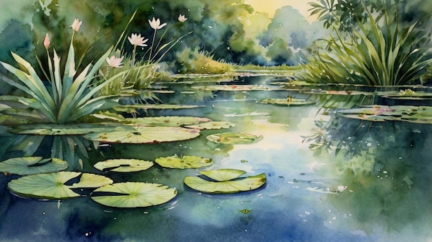 Watercolor painting A tranquil pond surrounded by lush vegetation with frogs resting on lily pads