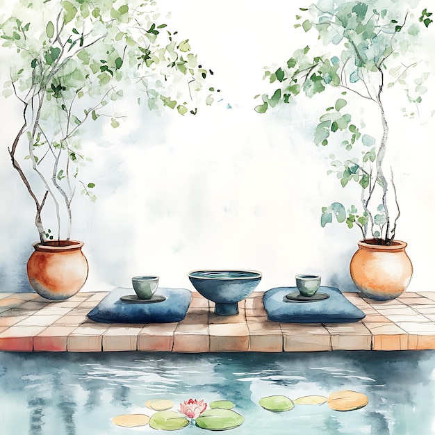 Watercolor Painting of a Tranquil Zen Garden with a Pond