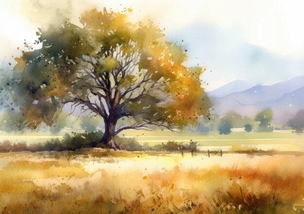 A watercolor painting of a tree in a field