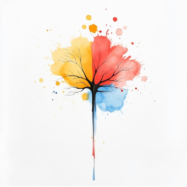 Photo a watercolor painting of a tree with branches and a colorful splatter effect the colors are yellow b