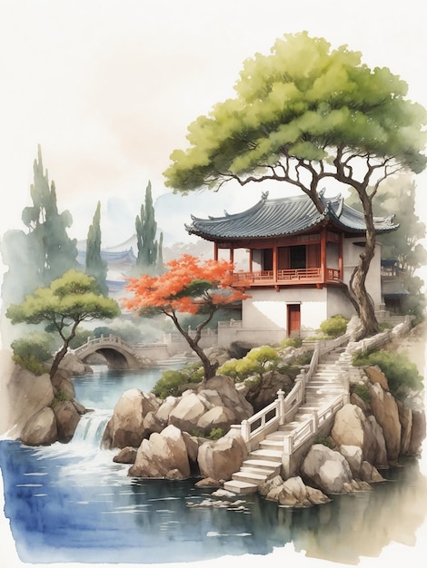 A watercolor painting of a tree with a Chinese house in the background