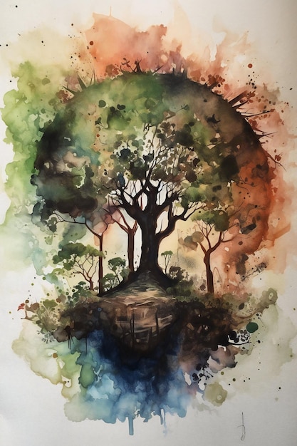 A watercolor painting of a tree with a river in the background.