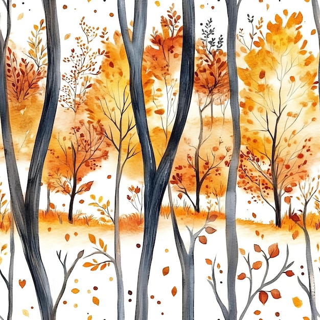 A watercolor painting of trees and the leaves of autumn