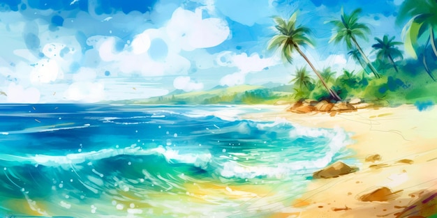 Watercolor painting of a tropical beach scene with palm trees and waves crashing onto the shore Generative AI