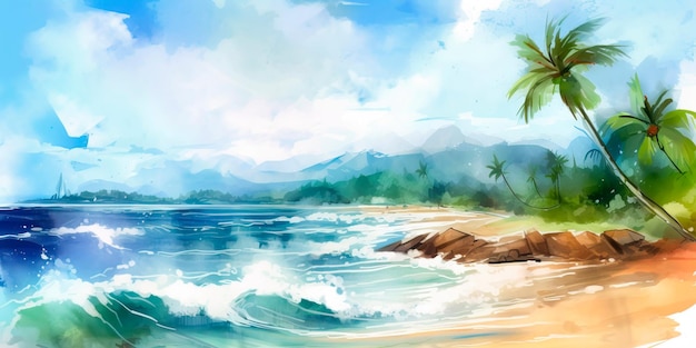 Watercolor painting of a tropical beach scene with palm trees and waves crashing onto the shore Generative AI