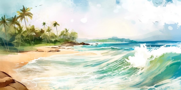 Watercolor painting of a tropical beach scene with palm trees and waves crashing onto the shore Generative AI