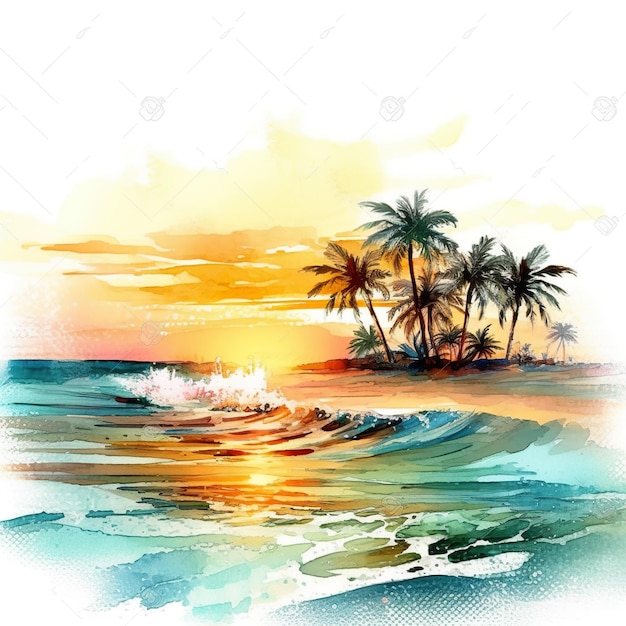 A watercolor painting of a tropical beach with palm trees generative ai image