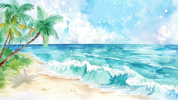 A watercolor painting of a tropical beach with palm trees white sand and turquoise water