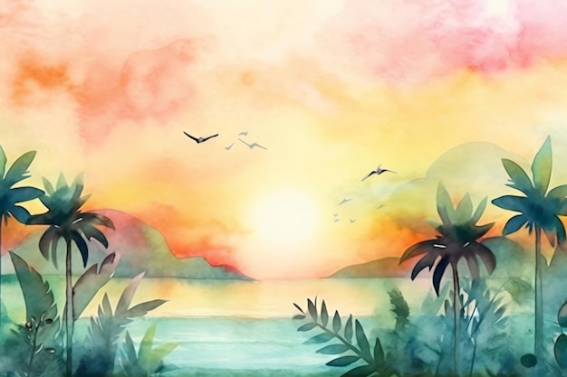 A watercolor painting of a tropical landscape with palm trees and birds.