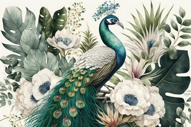 Watercolor painting tropical palm leaf branches and flowers with a white peacock bird