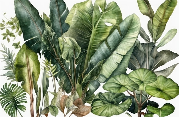 A watercolor painting of tropical plants.