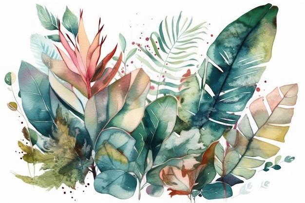 A watercolor painting of tropical plants.