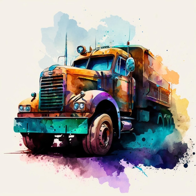 A watercolor painting of a truck painted with a rainbow of colors.