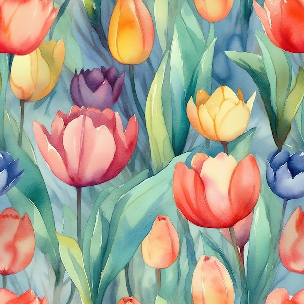 A watercolor painting of tulips in a field with the word tulips.