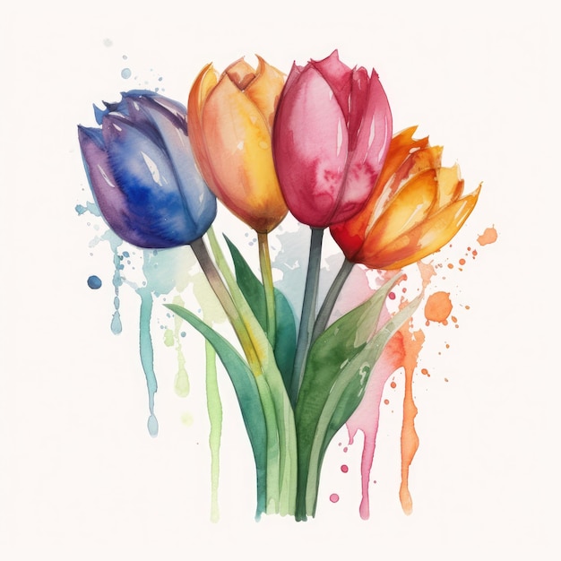 A watercolor painting of tulips on white background