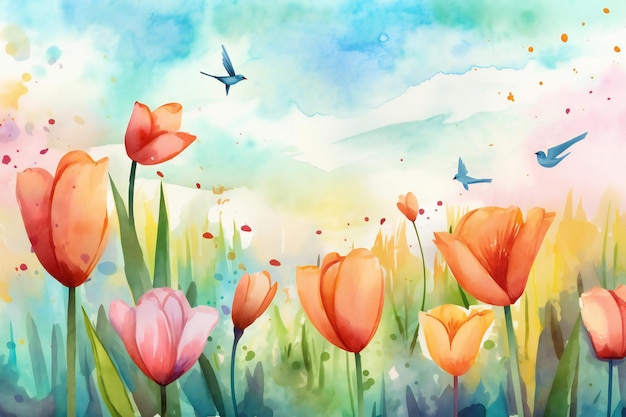 A watercolor painting of tulips with birds flying in the sky.