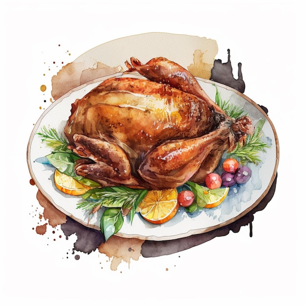 A watercolor painting of a turkey on a plate with fruit and grapes.