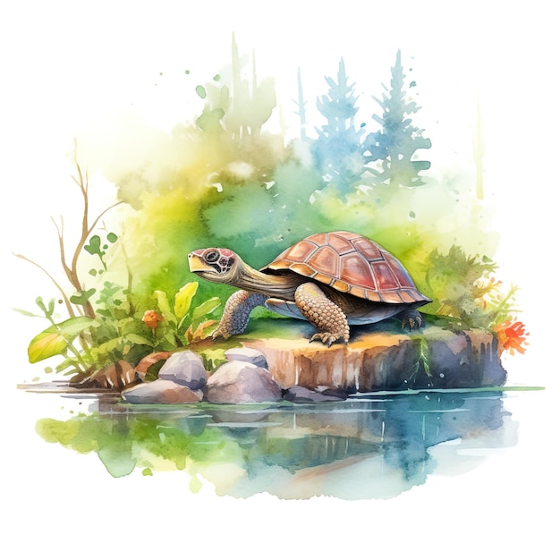 A watercolor painting of a turtle on a rock Generative AI image