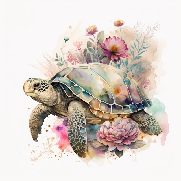 A watercolor painting of a turtle with a flower in the middle.