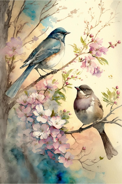 A watercolor painting of two birds on a branch with pink flowers.